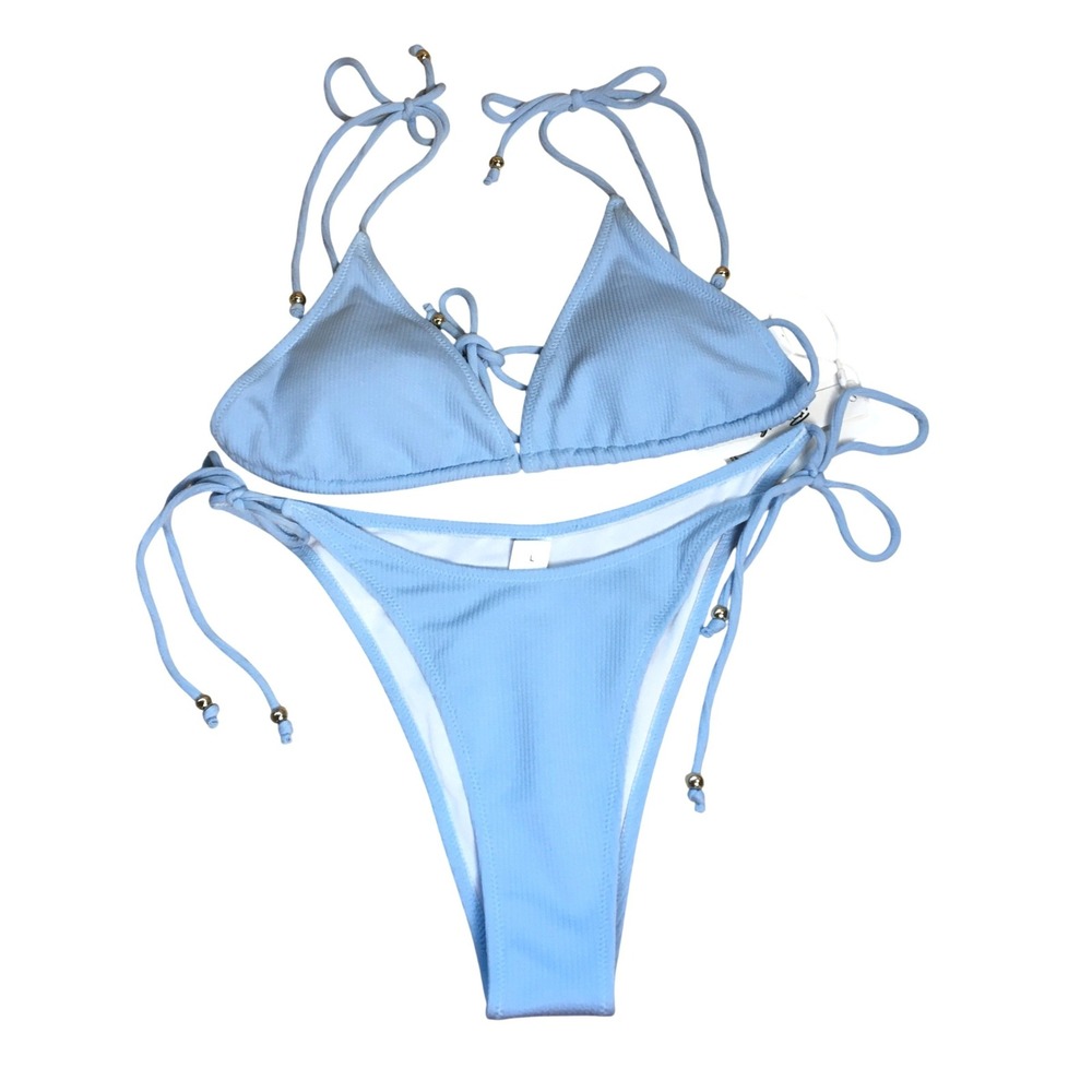 Brazilian‎ Ribbed Triangle Side Tie 2 Piece Bikini Set Beaded Light Blue NWT